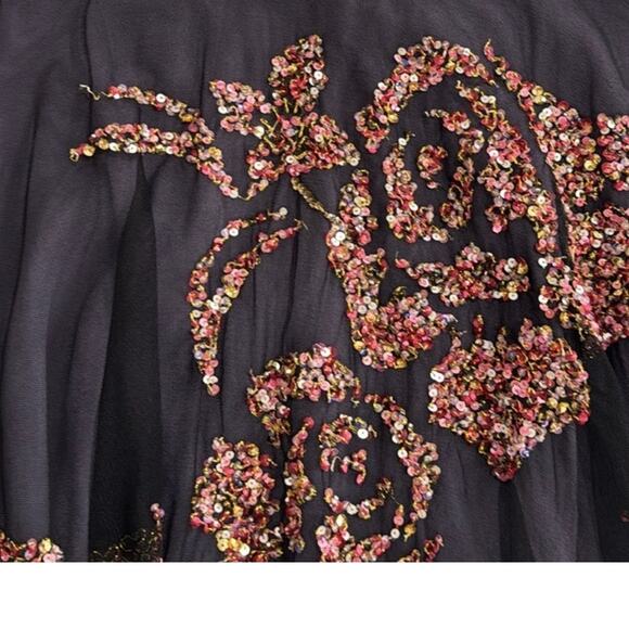 Vintage French Connection Size 12 Black Layered Floral Sequin Tulle Midi Skirt - Picture 3 of 6